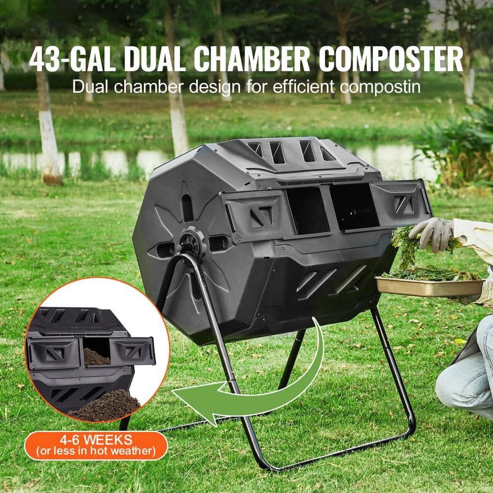 SVOPES 43 gal. Dual Chamber Compost Bin, Rotating Tumbler with 2 Sliding Doors, Steel Frame, BPA-Free Composter for Garden FGDFJ43JL000693KAV0-V0820