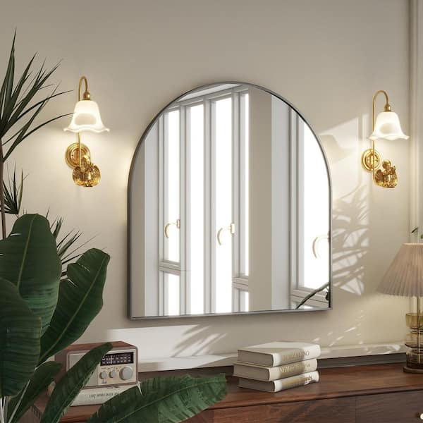 31.9 in. W x 33.9 in. H Arched Modern Aluminum Alloy Framed Black Wall Mirror Bathroom Mirror
