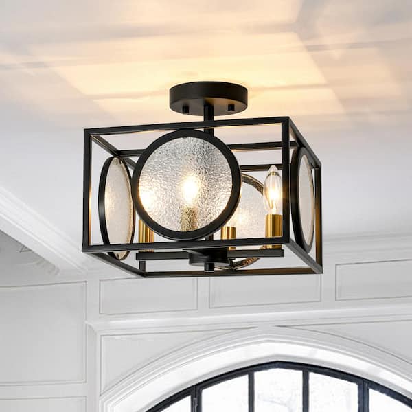 HUOKU Amity 4-Light 11.8 in. W Matte Black Semi Flush Mount Ceiling Light with Antique Brass Accent and Water-Patterned Glass