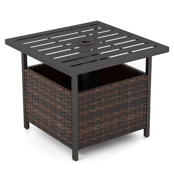 FORCLOVER Patio Brown Rattan Wicker Steel Edge Deck Outdoor Side Table With 1.5 in. Umbrella Hole