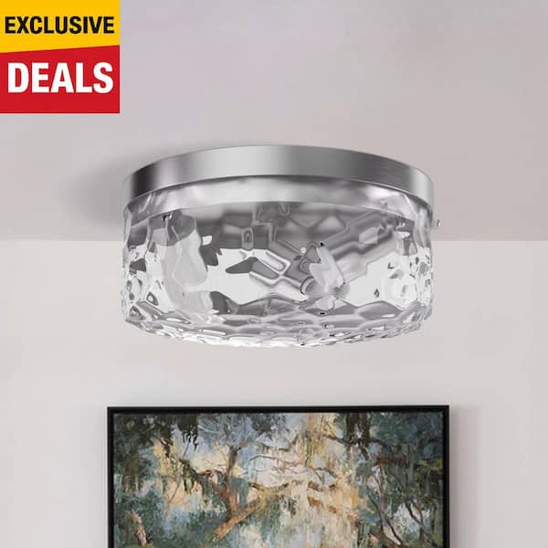 Raleigh 12 in. 3-Light Nickel Iron Modern Flush Mount Lighting Bedroom Ceiling Lights With Water Glass Shade