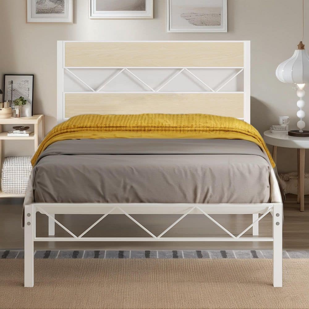 Metal Platform Bed Frame with Rustic Wooden Headboard, Heavy Duty Slats, Noise-Free, Easy Assembly White Twin Bed Frame price history on PriceWatchPro