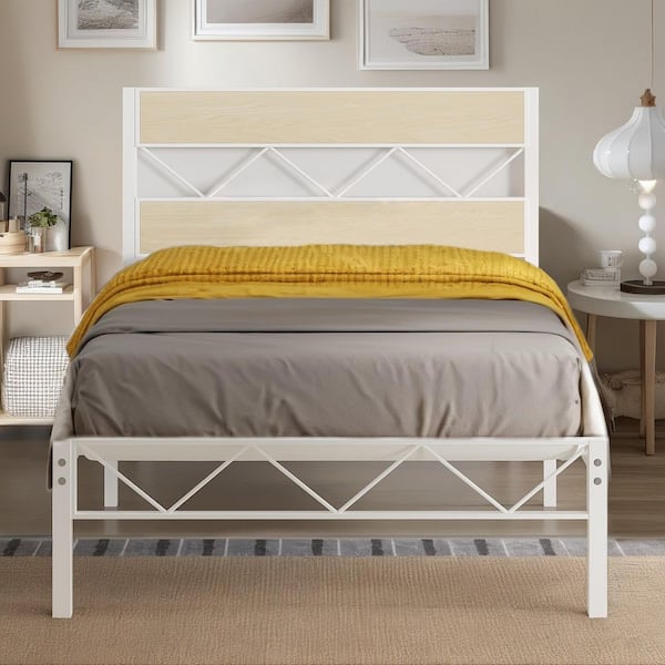 Metal Platform Bed Frame with Rustic Wooden Headboard, Heavy Duty Slats, Noise-Free, Easy Assembly White Twin Bed Frame