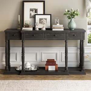 Retro Senior 63 in. Antique Black Stepped Rectangle Wood Console Table with 4-Storage Drawers and Open Shelf