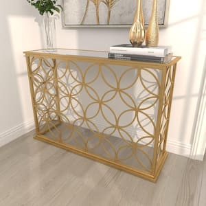 47 in. Gold Extra Large Rectangle Metal Geometric Console Table with Mirrored Glass Top