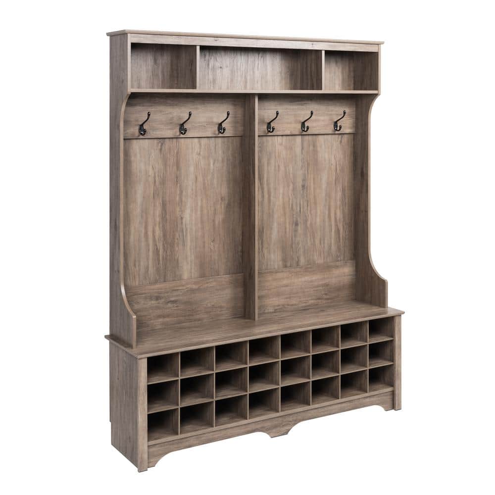 Drifted Gray Hall Tree with 24 Shoe Cubbies and Coat Hooks