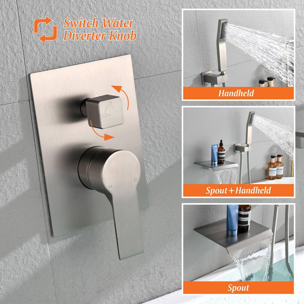 Brushed Nickel Wall-Mount Waterfall Tub Faucet with Hand Shower
