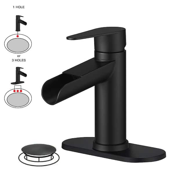 HOMEMYSTIQUE Single Handle Waterfall Single Hole Bathroom Faucet in Matte Black with Deck Plate and Drain