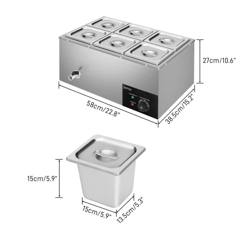 Stainless Steel 6-Pan Commercial Food Warmer with Adjustable Temperature