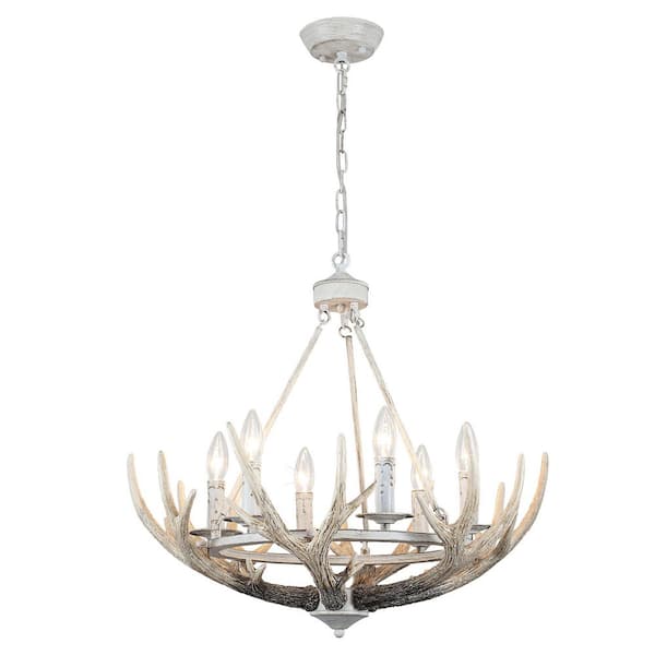23.62 in. 6-Light Oyster Grey Pendant Antler Design Chandelier with Resin Shade and No Bulbs Included For Living Room
