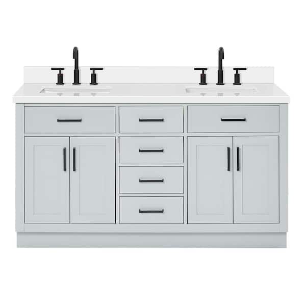 Hepburn 60 in. W x 22 in. D x 36 in. H Bath Vanity in Gray with Pure White Quartz Vanity Top with White Basins