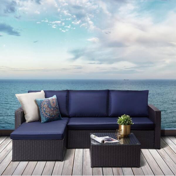 Poolside Lawn and Backyard Attractive Navy Garden HTTH 3 Pieces Patio Furniture Sets Outdoor Sectional Sofa Sectional Lounge Chaise Rattan Loveseat and Couch Cushions with Glass Table for Home