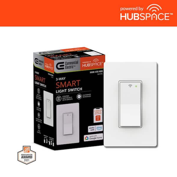 Commercial Electric 10 Amp 3-Way Smart Home Specialty Light Switch with Wi-Fi and Bluetooth Technology, White, Powered by Hubspace (1-Pack)