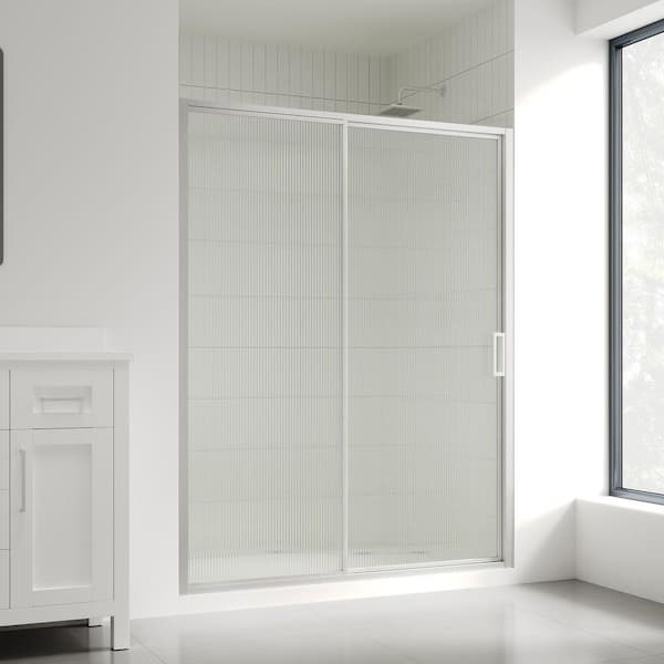 OVE Decors Stanford 60 in. W x 74.02 in. H Alcove Sliding Framed Shower Door with Fluted Glass in Satin Nickel
