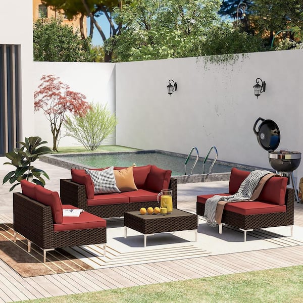 Zeus & Ruta 7-Piece Wicker Patio Sectional Seating Set with Red Cushions w/Wood Plastic Composites Table, Cushions and Pillows