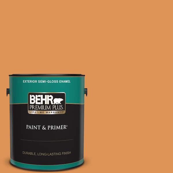 BEHR PREMIUM PLUS 1 gal. #270D-6 Pumpkin Toast Semi-Gloss Enamel Exterior Paint & Primer