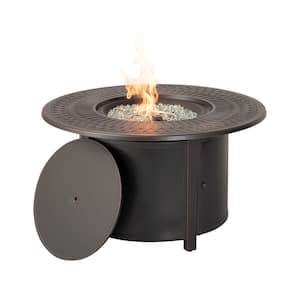 Walden 44 in. Outdoor Round Cast Aluminum Gas Fire Pit in Topaz Bronze with Clear Glass Fire Beads