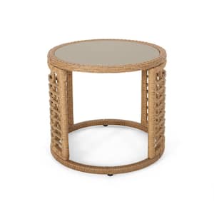 Tatiana Light Brown Round Faux Rattan Outdoor Patio Side Table with Tempered Glass Top