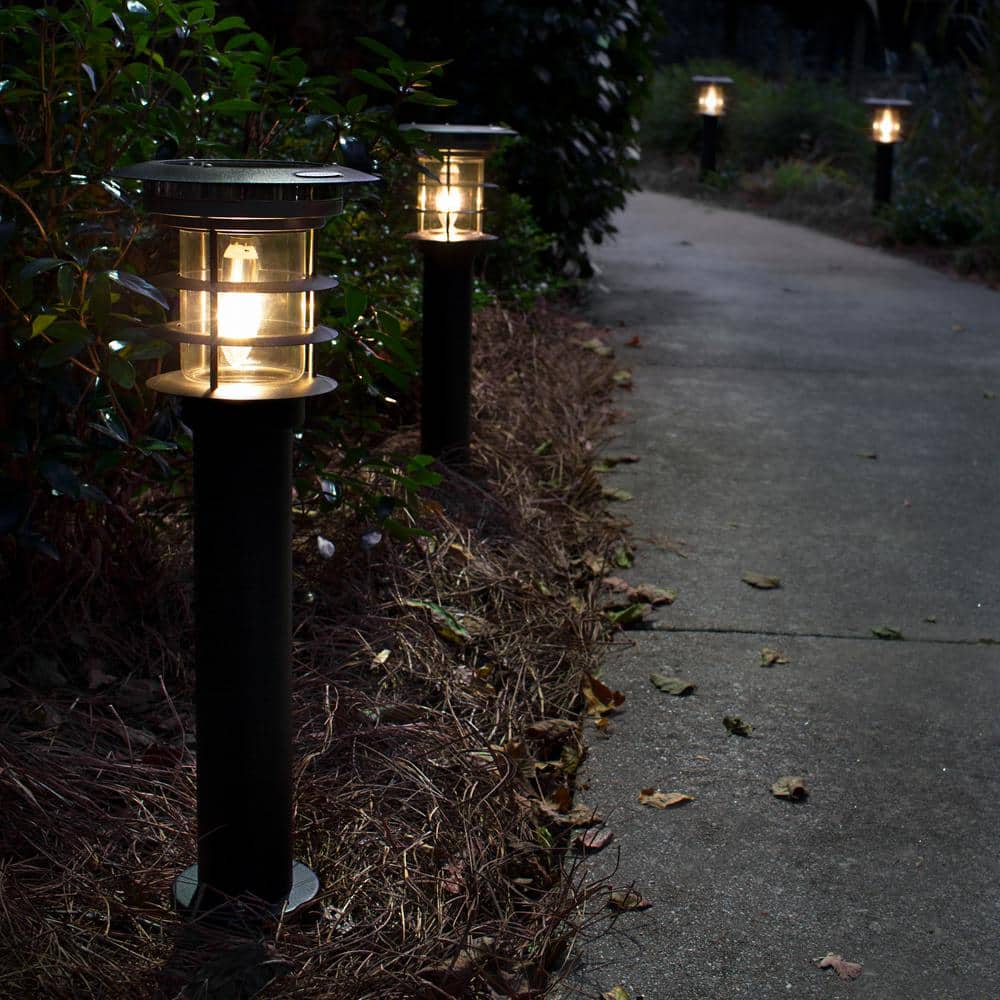 Black Stainless Steel LED Solar Pathway Bollard Lights, Set of 2