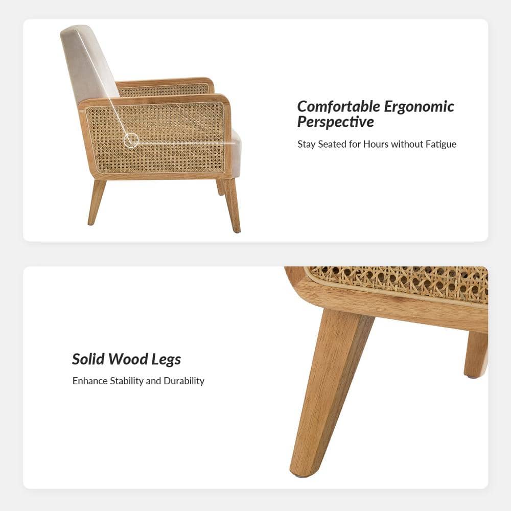 Beige Velvet and Rattan Armchair Set with Wooden Legs