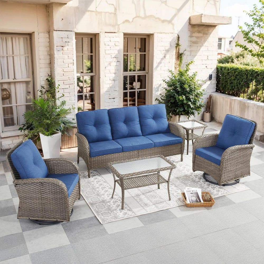SleekArm 5-Piece Gray Wicker Patio Conversation Set with Olefin Blue Cushion and Outdoor Swivel Glider Chairs price history on PriceWatchPro