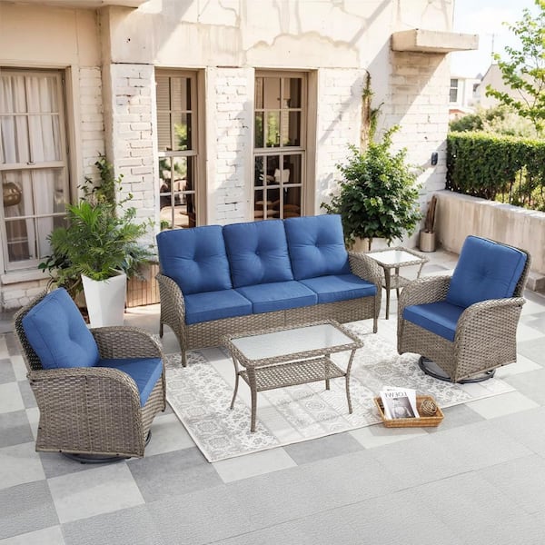 SleekArm 5-Piece Gray Wicker Patio Conversation Set with Olefin Blue Cushion and Outdoor Swivel Glider Chairs