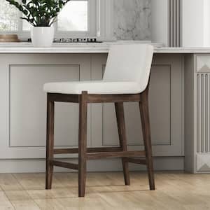 Gracie 24 in. Modern Counter Height Wood Bar Stool w/ Back, Textured Linen Upholstery, Cream Boucle/Dark Brown