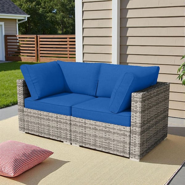 RusticRetreat 2 Pieces Wicker Patio Conversation Seating Sofa Set with Navy Blue Cushions