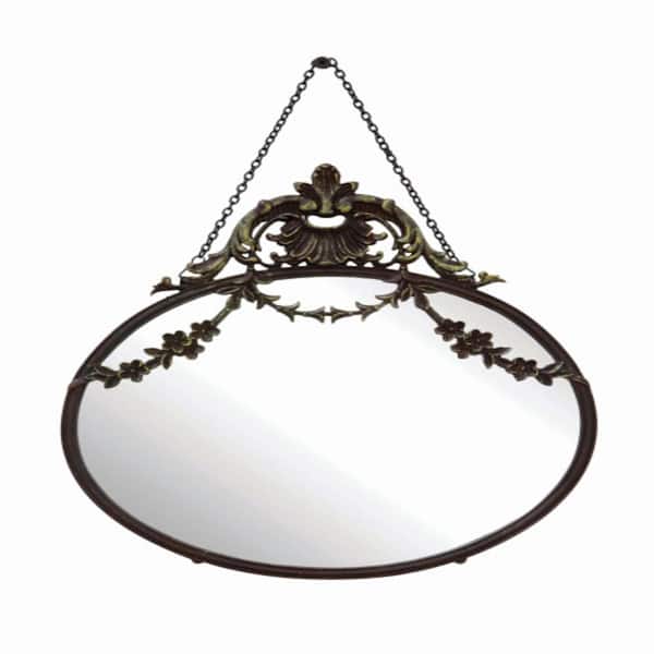Storied Home 10.5 in. W x 13.5 in. H Pewter Framed Metal Antique Bronze Decorative Mirror with Decorative Chain
