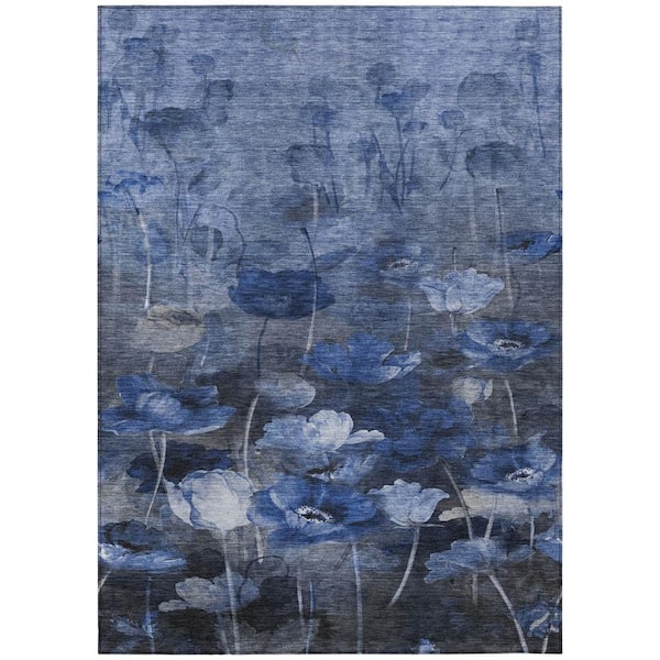 Navy Blue, Denim Blue 5 ft. x 8 ft. Woven Floral Polyester Rectangle Indoor/Outdoor Area Rug