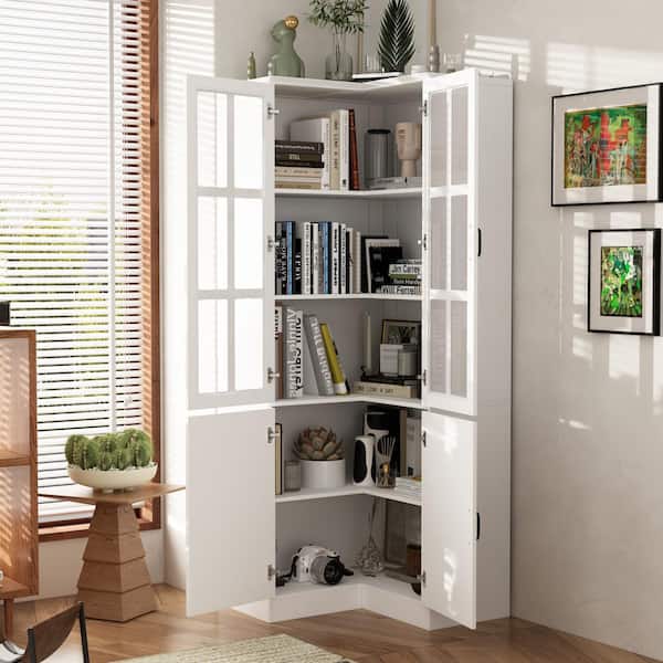FUFU GAGA 78.9 in. Tall 5 Shelf White Wood Corner Standard Bookcase with Adjustable Shelves Tempered Glass Doors Cabinet KF020489 012