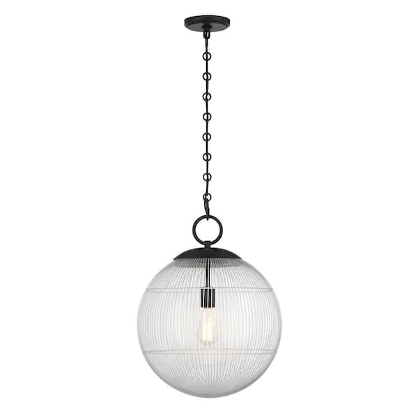 Savoy House Cabot 60-Watt 16 in. W x 19.25 in. H 1-Light Matte Black Pendant Light with Segmented Glass Shade, No Bulbs Included