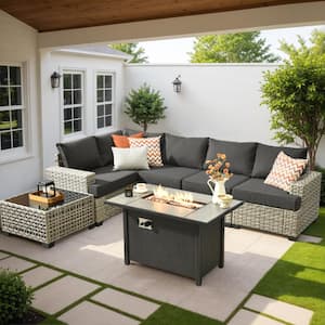 Tiberte Gray 7-Piece Wicker Patio Rectangle Fire Pit Conversation Set with Black Cushions