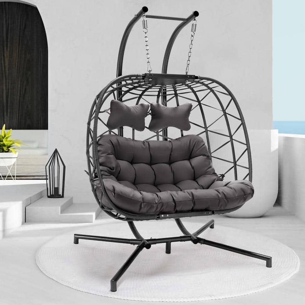 NICESOUL Extra Large Gray Wicker Double Seat Patio Swing Hanging Egg Chair with Black Stand and Turquoise Cushions