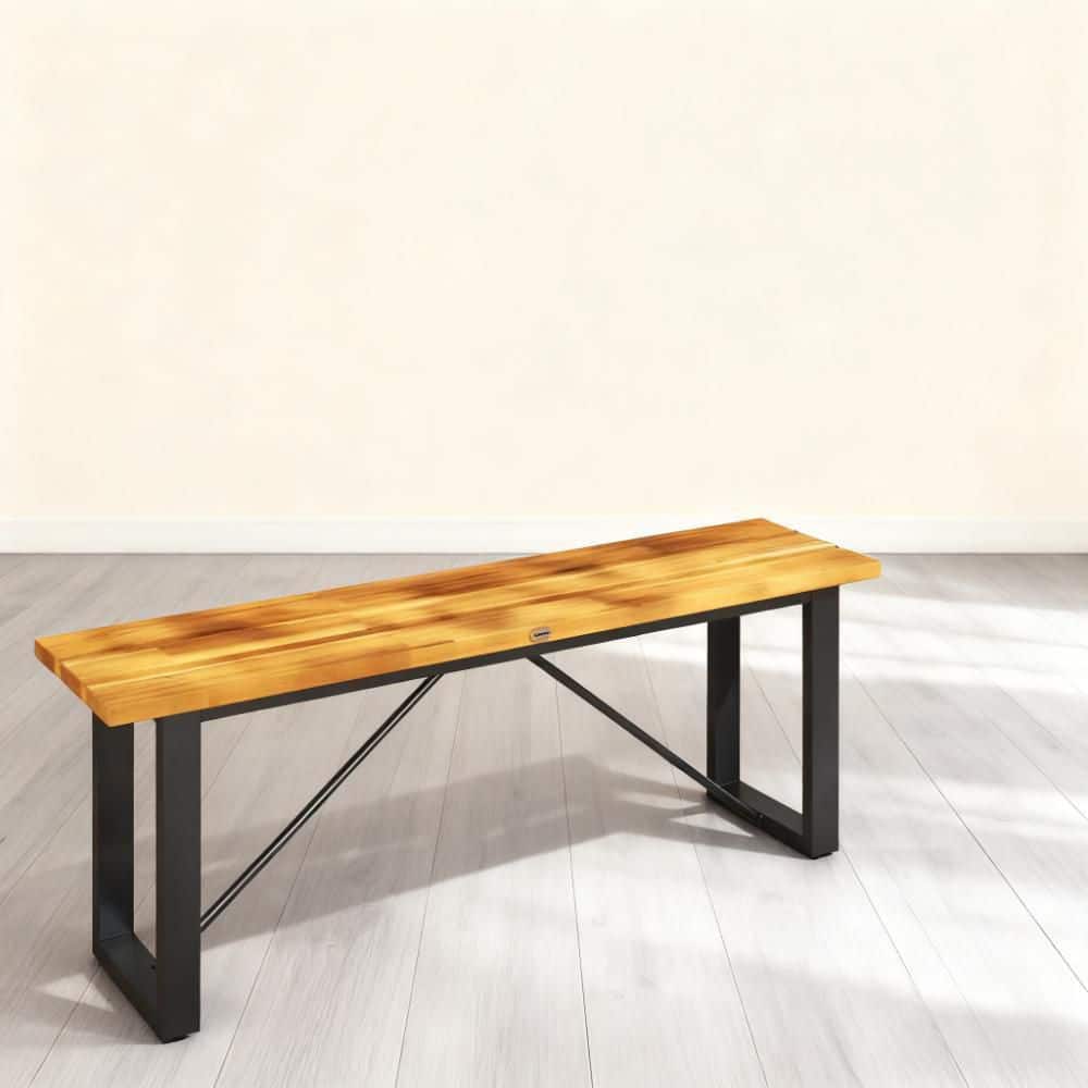 2-Person Backless Garden Bench 47.2 in. Teak and Black Acacia Wood and Steel Easy Assembly Required Storage Stool