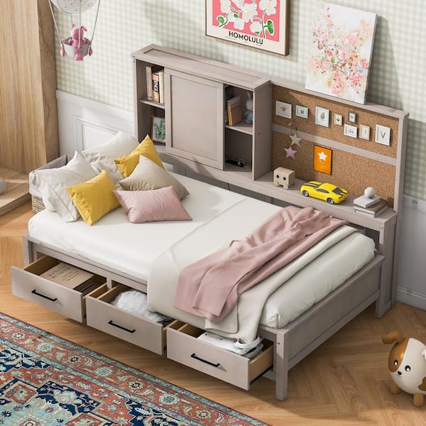 Harper & Bright Designs Antique Gray Wood Twin Size Daybed with Storage Shelves, 3-Drawers, Cork Board, USB Ports