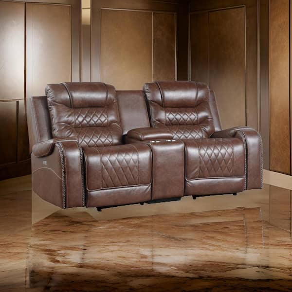 Benjara 77.5 in. Flared Arm Faux Leather Rectangle Power Loveseat Recliner Sofa in Brown