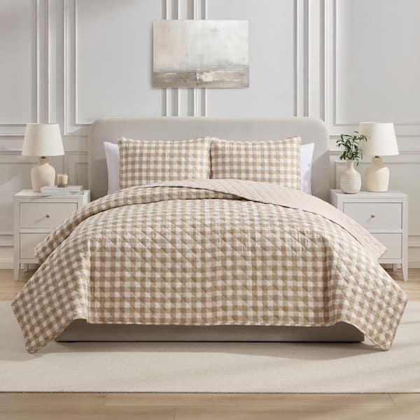 Taupe Gingham 3-Piece Full/Queen Microfiber Quilt Set