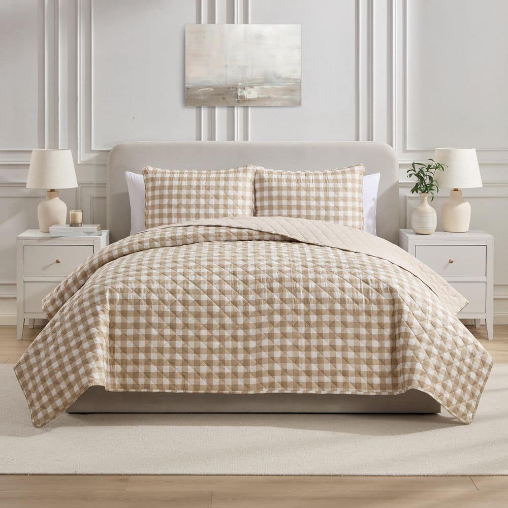 Taupe Gingham 3-Piece King Microfiber Quilt Set price history on PriceWatchPro