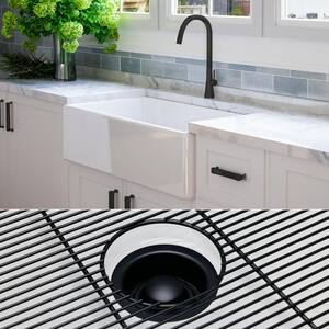 Luxury White Solid Fireclay 33 in. Single Bowl Farmhouse Apron Kitchen Sink with Matte Black Accs and Flat Front