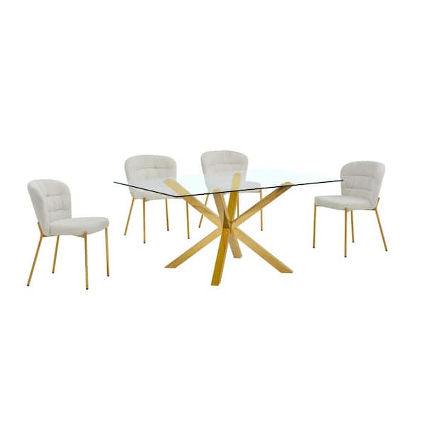 Best Quality Furniture Tom 5-Piece Clear Glass Top Gold Stainless Steel Legs Dining Set with 4 Cream Chairs