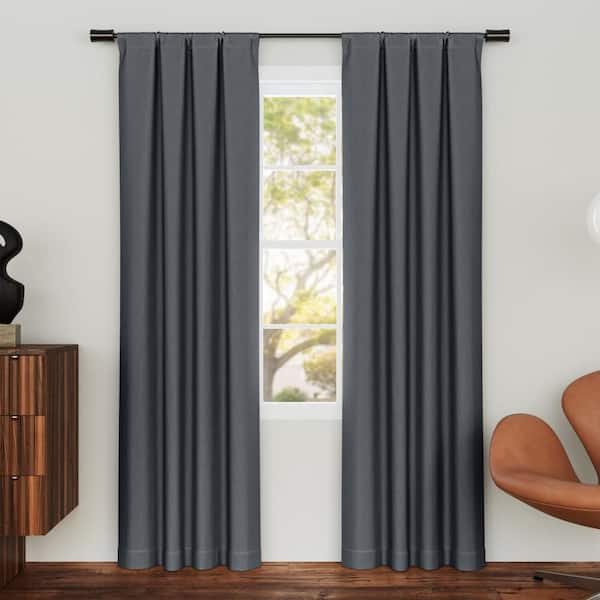 Prescott Herringbone Magnetic Closure Navy Layered 37 in. W x 63 in. L Rod Pocket 100% Blackout Curtain (Set of 2)