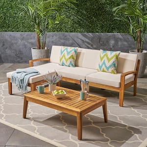 5-Piece Brown Wood Patio Conversation Set with Beige Cushions