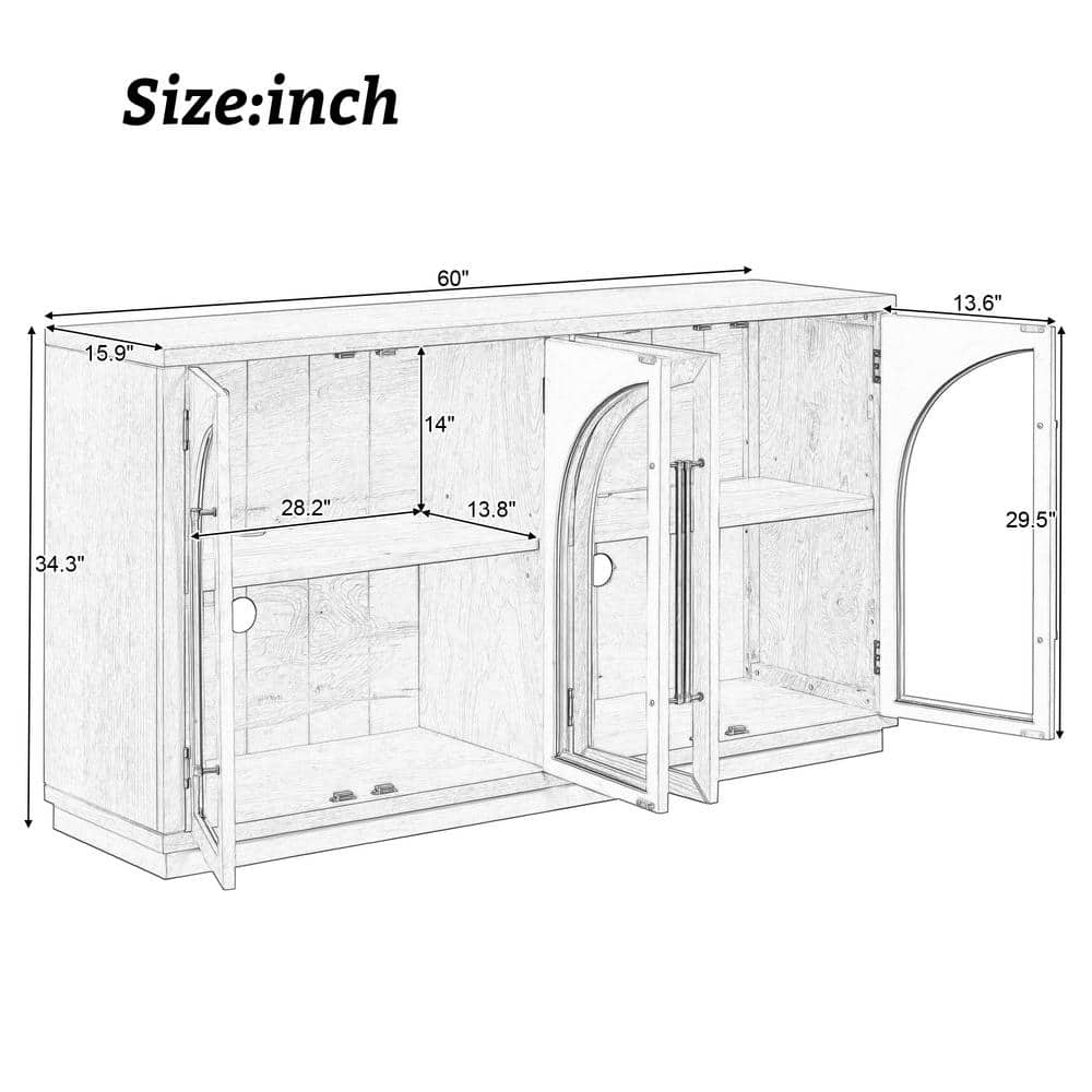 Retro Black Solid Wood 60" Sideboard Buffet Cabinet with Glass Doors