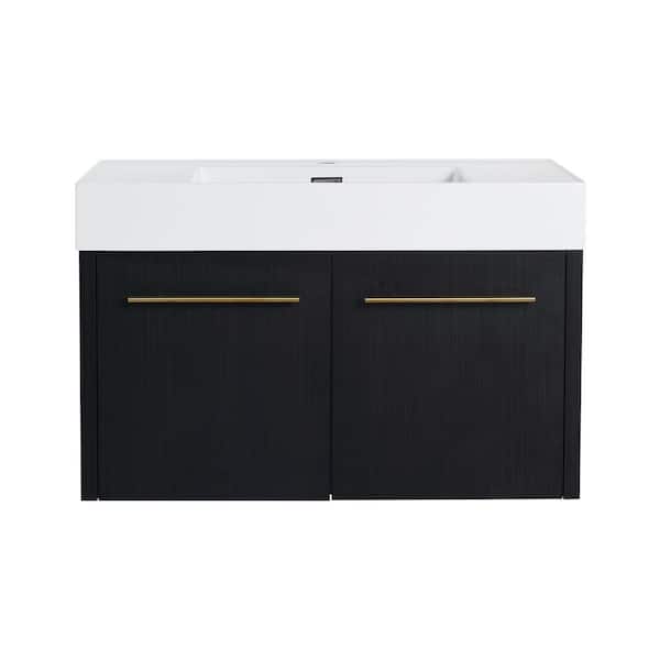 36 in. Single Sink Floating Black Bath Vanity with White Resin Top, Thick Edged, 2 Doors