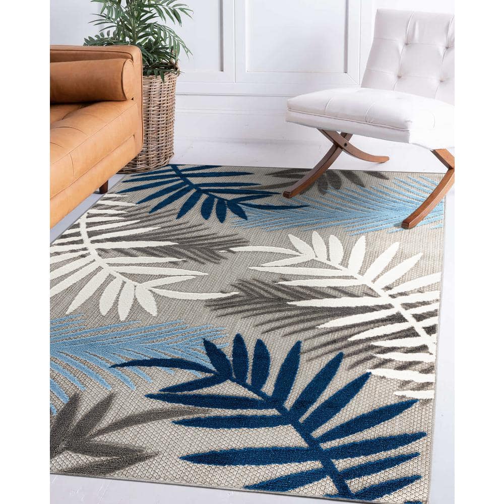Evora Blue and Gray Palm Frond Indoor/Outdoor Area Rug