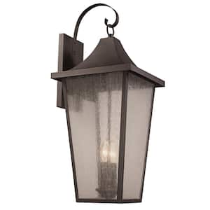 Rasmussen 2-Light Black Large Outdoor Wall Light Fixture with Seeded Glass