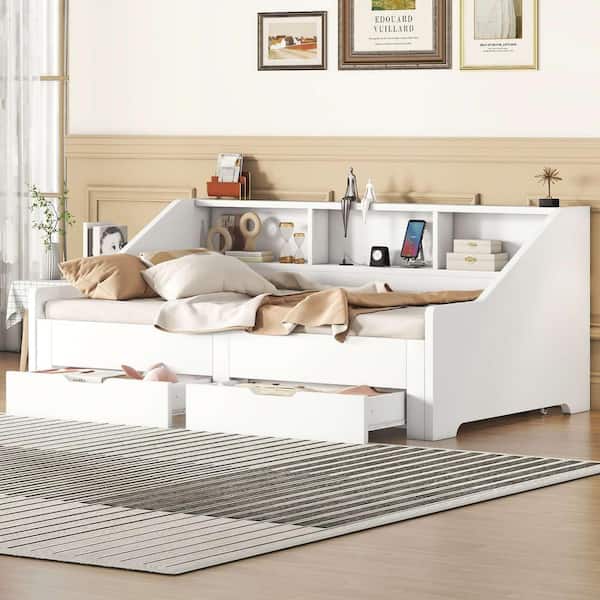 Polibi White Twin to King Size Daybed Frame with Storage Bookcases and 2-Drawers, Charging Design