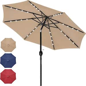 9 ft. Market Solar Umbrella 32 LED Lighted Outdoor Table Patio Umbrella with Push Button Tilt Crank, UV Protected in Tan