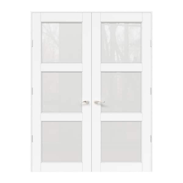 60 in. x 80 in. Universal Handed 3-Lite Frosted Glass White Solid Core MDF French Door with Quick Assemble Jamb